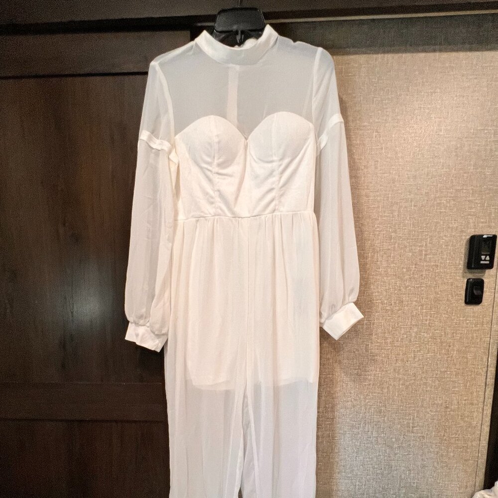 Shein - Sheer Jumpsuit - White - Medium